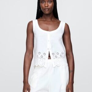 NWT Gap Women's Linen-Blend Eyelet Hem Tank Top in White, Size Xsmall